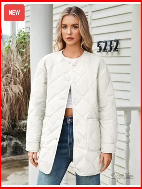 Lightweight Quilted Puffer Jacket with Pockets, Button Front, Mid-Length - Picture 2 of 7